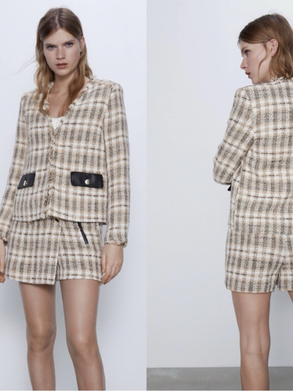 Zara Plaid Tweed Coord 2 Piece Jacket Blazer + Matching Skort Set Brown Size XS